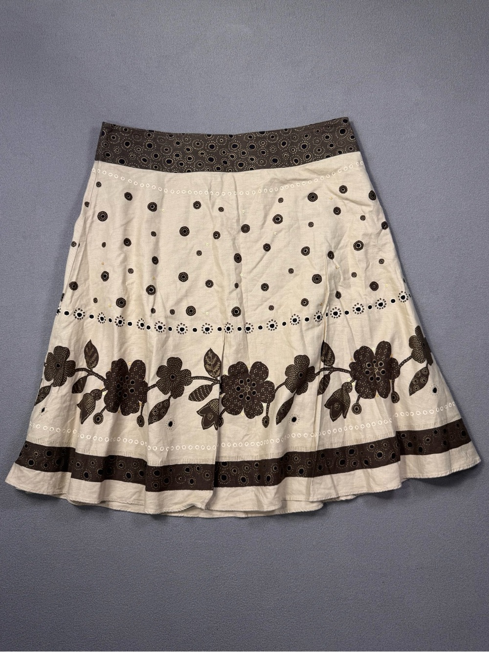 Liz Claiborne Vintage Cottagecore Fairy,Cream A-Line Skirt,Brown Floral Trim, 14